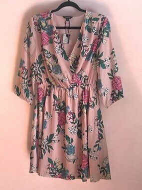 Pink Floral Wrap Dress with Green & Blue Accents